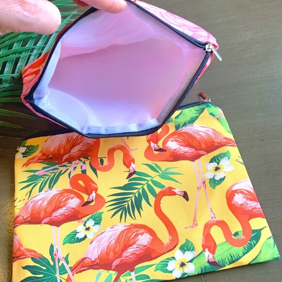 Vibrant Tropical Pink Flamingos Lined Zippered Pouch Cosmetic Bag Travel Case - Picture 2 of 3